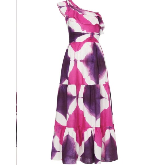 Busayo Collective Tie Dye One Shoulder Maxi Dress L  Tiered Ruffled Party Summer - Picture 4 of 12